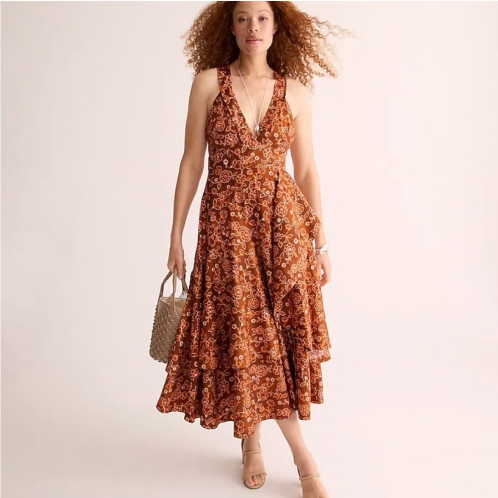 NWT J.Crew Collection Cross-back Ruffle-hem Midi in Pecan Vintage Vines 14 Brown